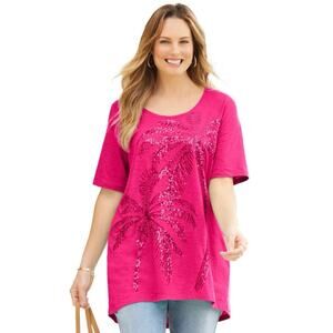 Catherines Women's Plus Size Slub Knit Sparkling Sequin Tee pink burst palm tree